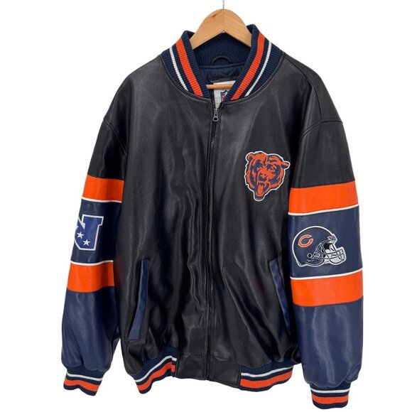 NFL Chicago Bears Faux Leather Bomber Jacket‎ Mens XXL Black Orange Blue Lined - Picture 1 of 11